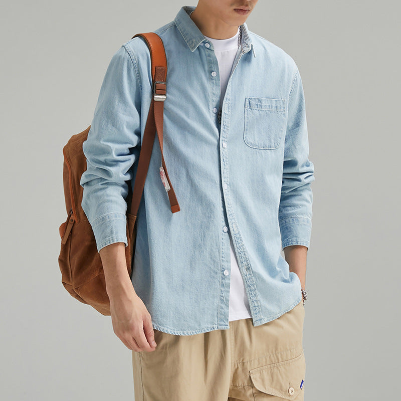 Men's Long Sleeve Solid Color Casual Thin Lapels Denim Shirt - iztia
