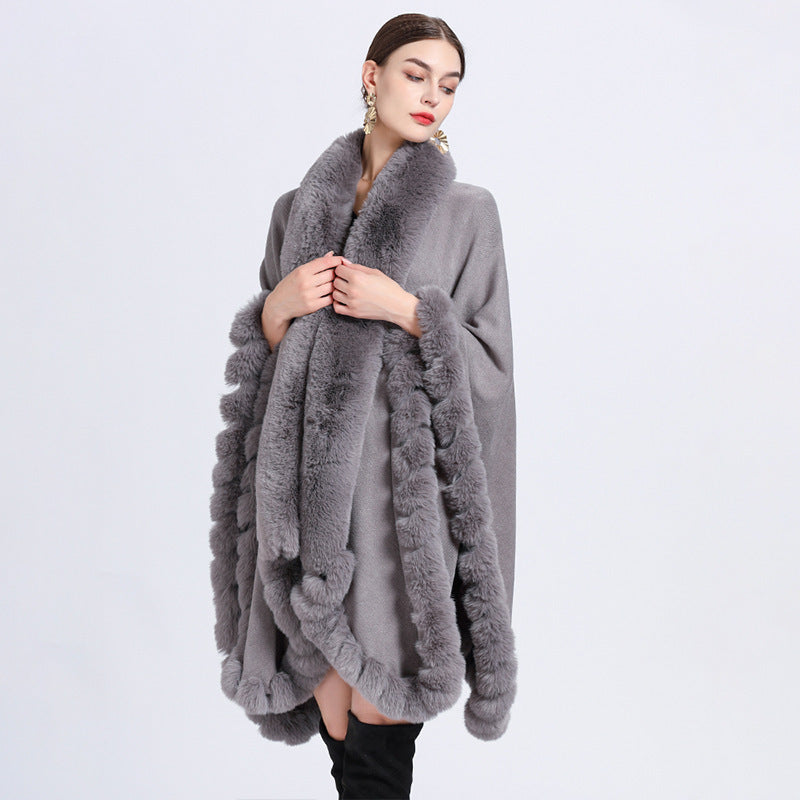 Rex Rabbit Fur Collar Shawl Irregular Oversized Knitted Cardigan Baggy Coat - iztia