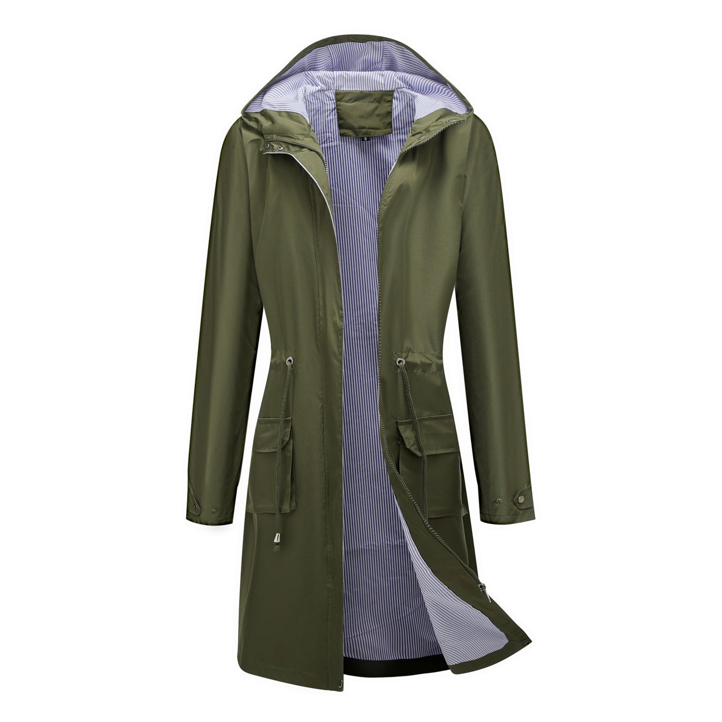 Long Casual Windbreaker Women's Waterproof Hooded Solid Color Top Striped Lining Straight Coat - iztia