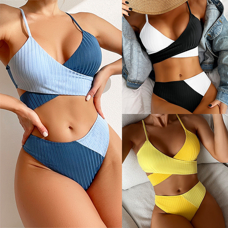 Bikini Patchwork Swimwear Ribbed Women's Swimsuit Knot Back Beachwear Ruched Butt Biquinis Bathing Suits - iztia