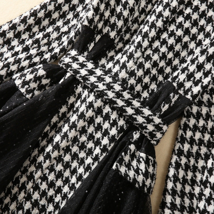 Houndstooth Stitching Sequins Tulle Skirt Style Coat Overcoat - iztia