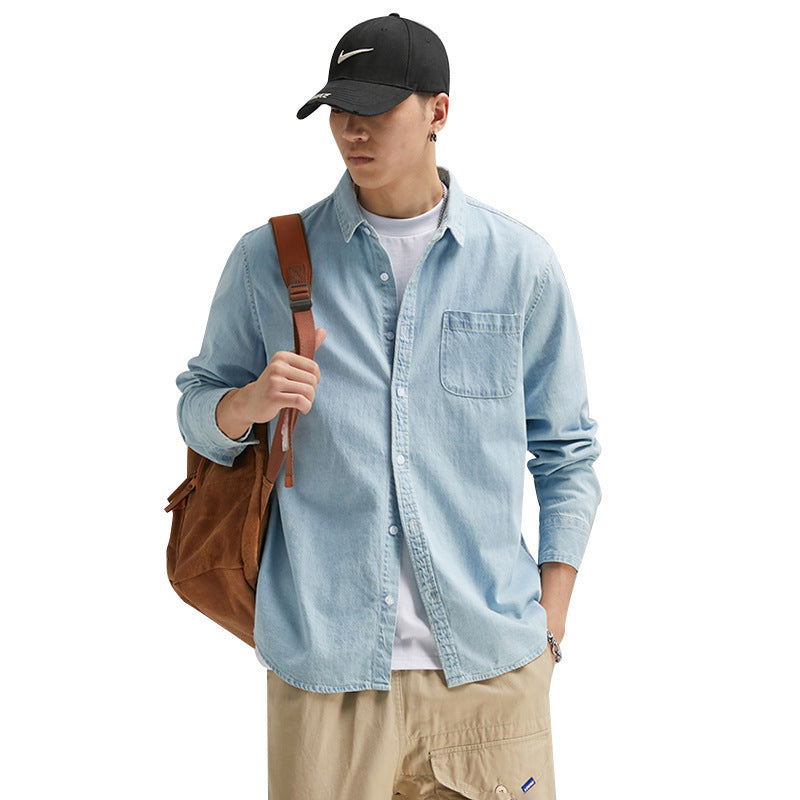 Men's Long Sleeve Solid Color Casual Thin Lapels Denim Shirt - iztia