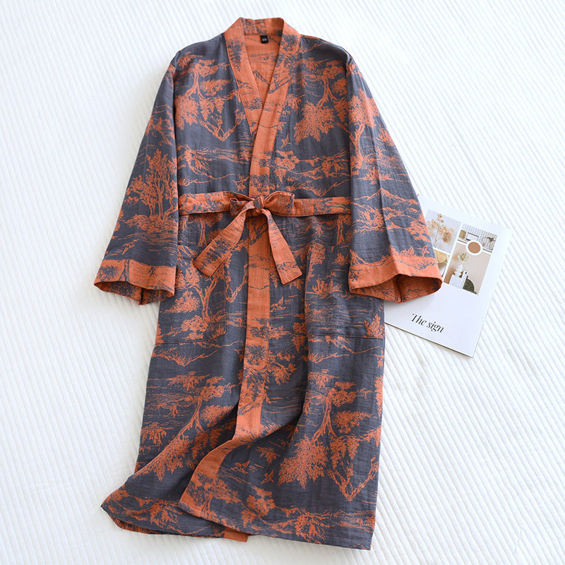 A double jacquard pajama robe for women, made of soft cotton and adorned with lace, designed for relaxed comfort - iztia
