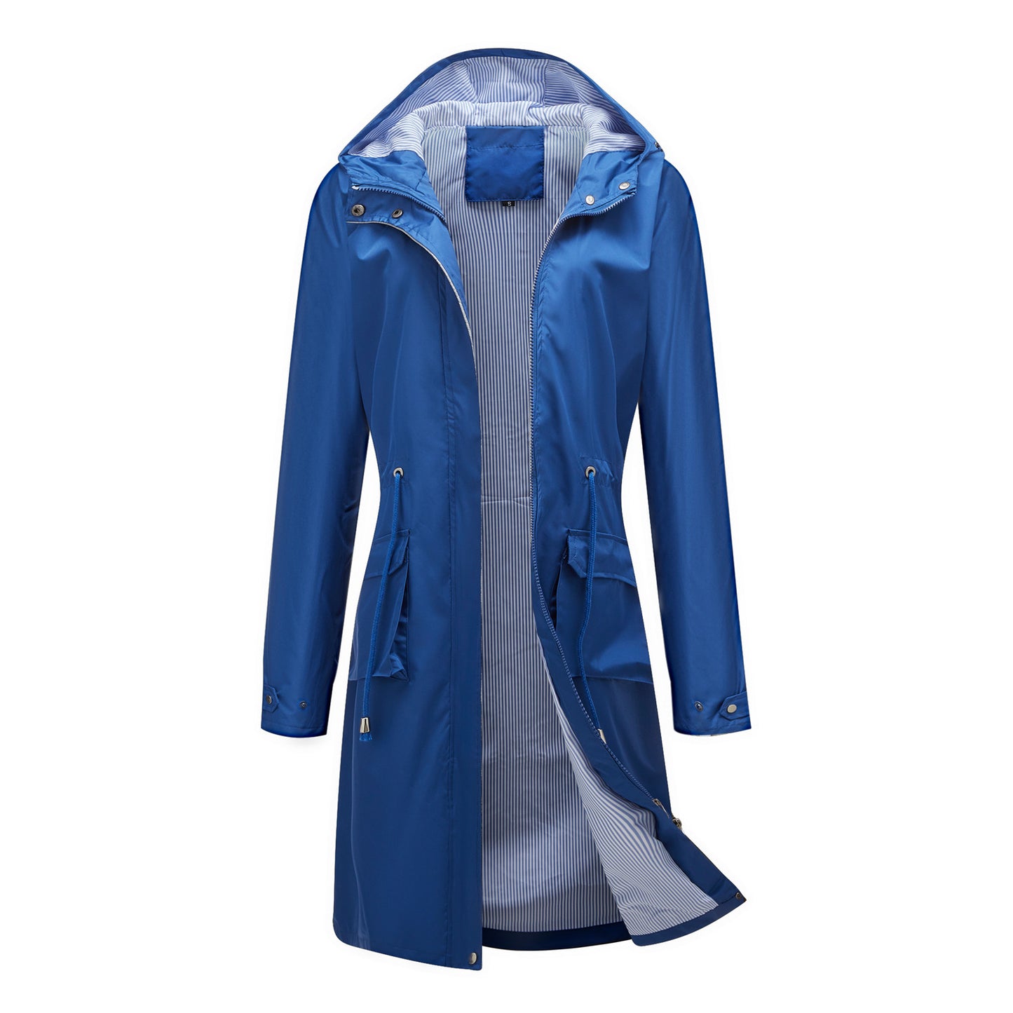 Long Casual Windbreaker Women's Waterproof Hooded Solid Color Top Striped Lining Straight Coat - iztia