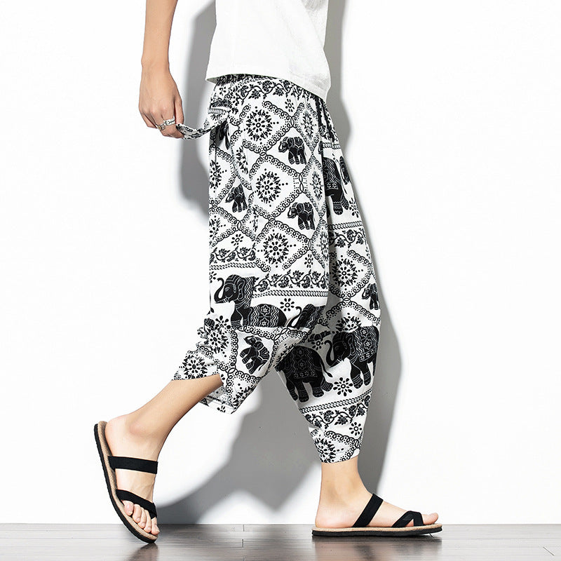 Printed Pants Baggy Cotton And Linen Loose Casual Cropped Pants - iztia