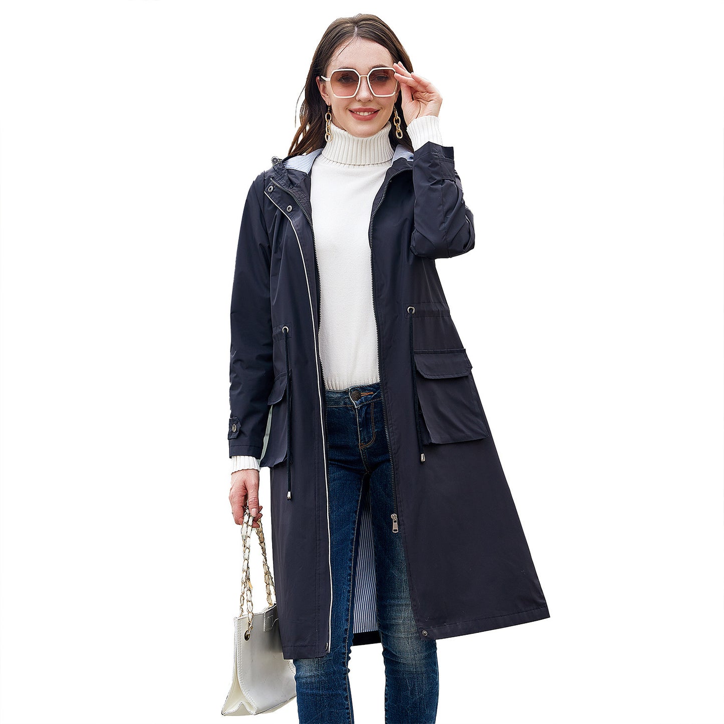 Long Casual Windbreaker Women's Waterproof Hooded Solid Color Top Striped Lining Straight Coat - iztia