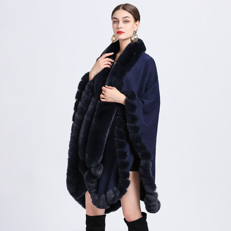 Rex Rabbit Fur Collar Shawl Irregular Oversized Knitted Cardigan Baggy Coat - iztia
