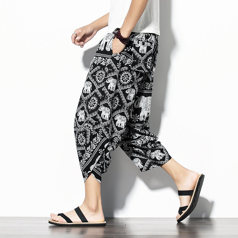 Printed Pants Baggy Cotton And Linen Loose Casual Cropped Pants - iztia