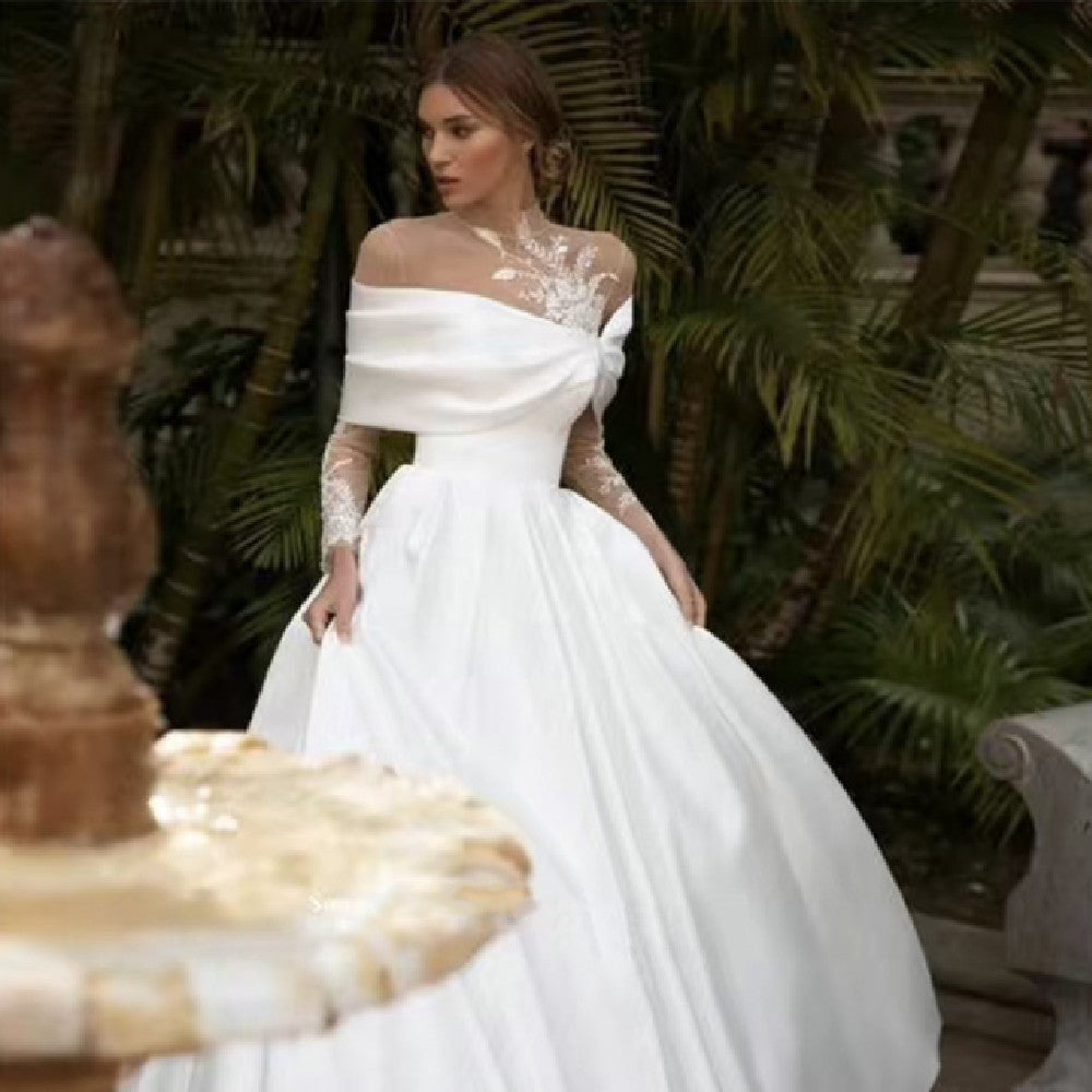 Raglan Sleeve Long Sleeve White Tutu Skirt Satin Wedding Dress - iztia