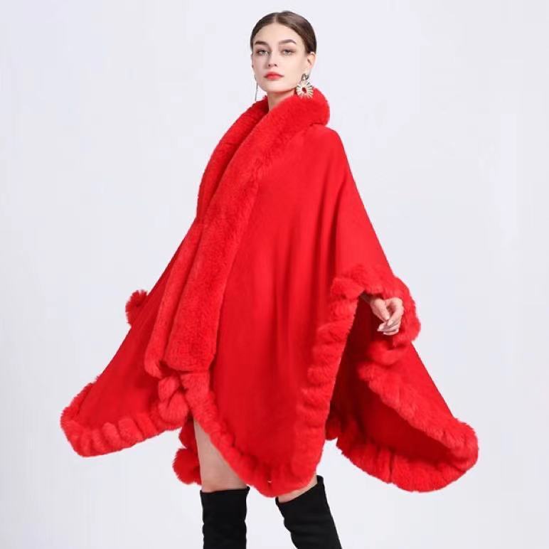 Rex Rabbit Fur Collar Shawl Irregular Oversized Knitted Cardigan Baggy Coat - iztia