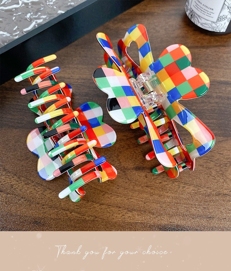 Color Chessboard Lattice Acetic Acid Elegant Hair Clip - iztia