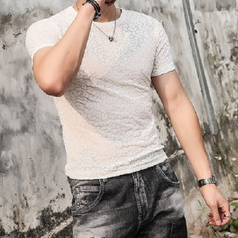 Men's Gold Velvet Ice Silk Cut-out Breathable Short Sleeve Round Neck T-shirt - iztia