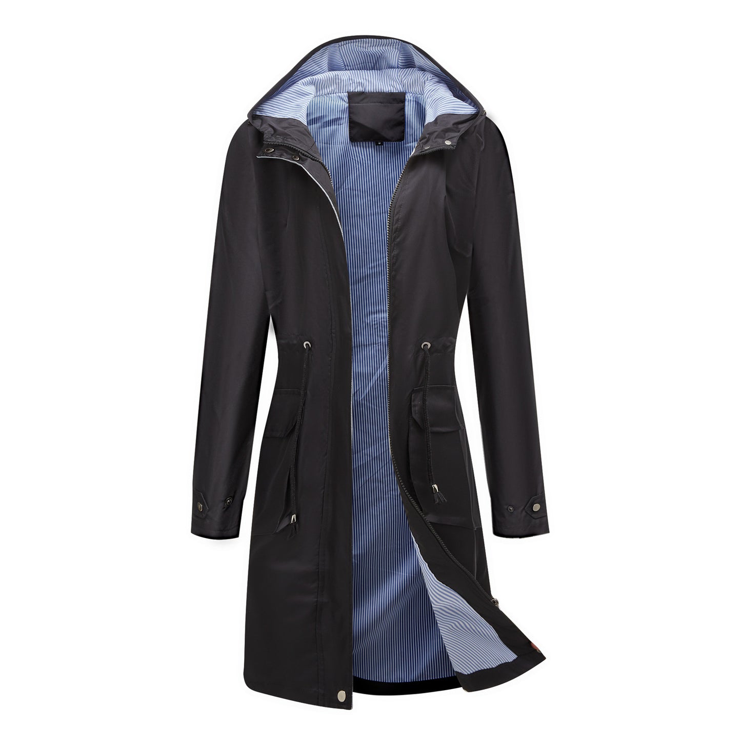 Long Casual Windbreaker Women's Waterproof Hooded Solid Color Top Striped Lining Straight Coat - iztia
