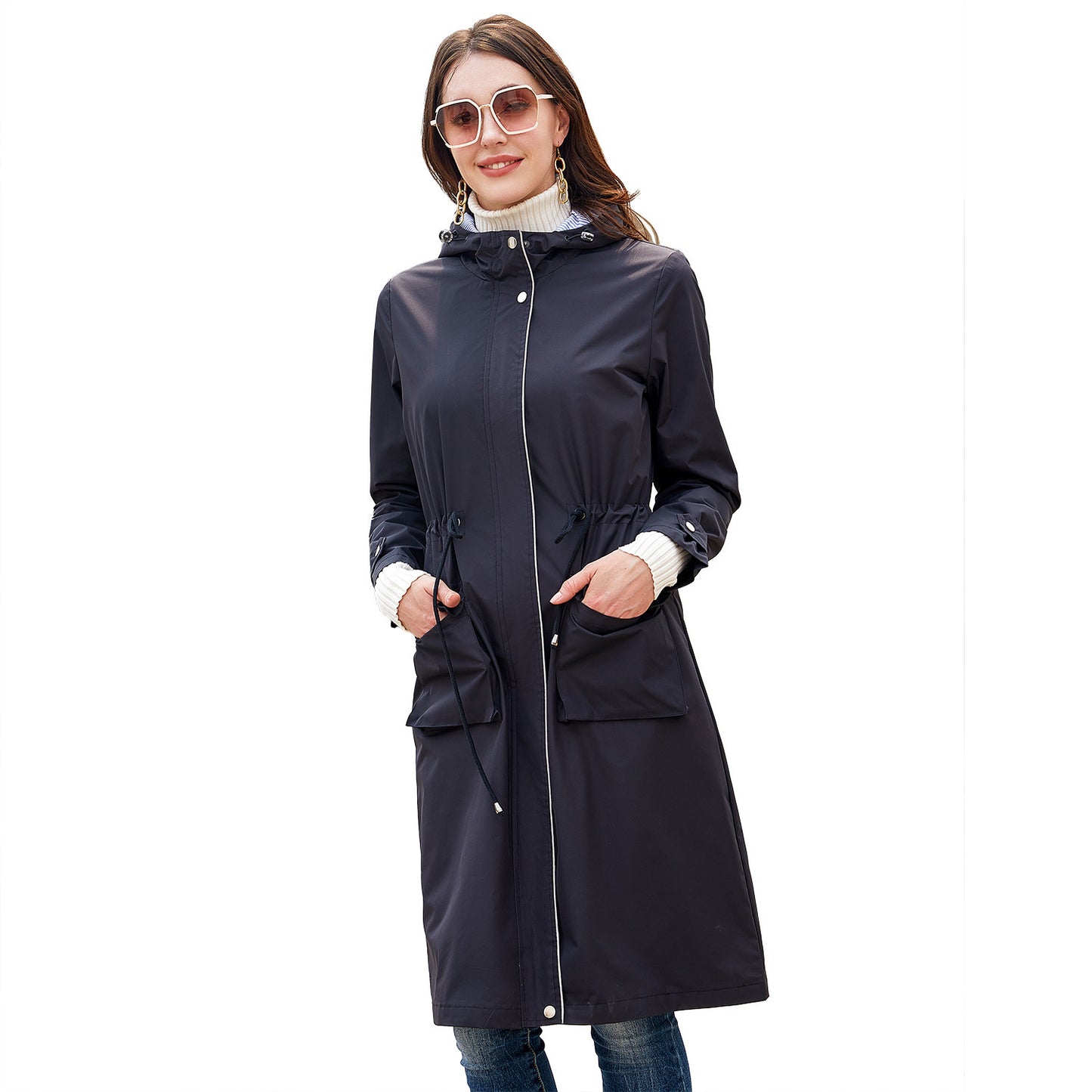Long Casual Windbreaker Women's Waterproof Hooded Solid Color Top Striped Lining Straight Coat - iztia