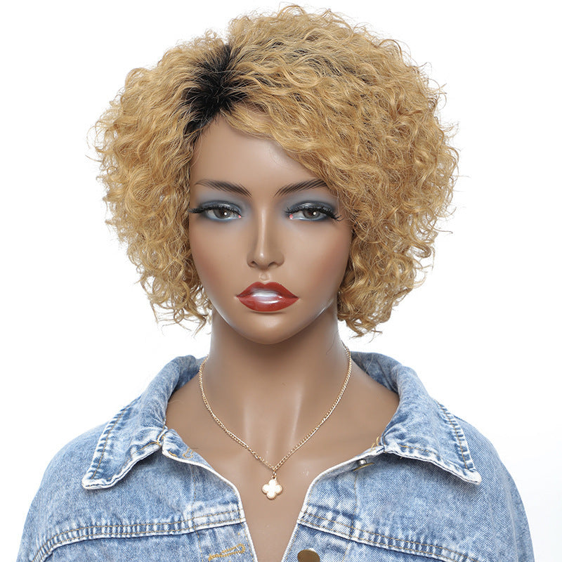 Small Curly Real Hair Headgear, Gradual Fluffy Head High-end Short Hair Cover - iztia