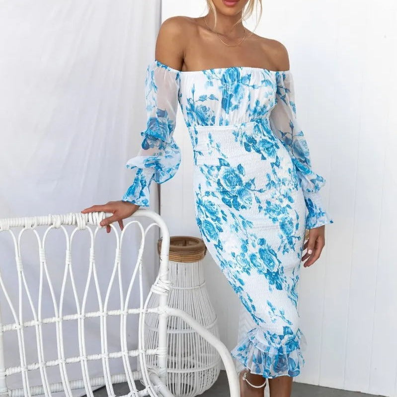 Women's Fashion Printed Tube Top Off-neck Dress - iztia
