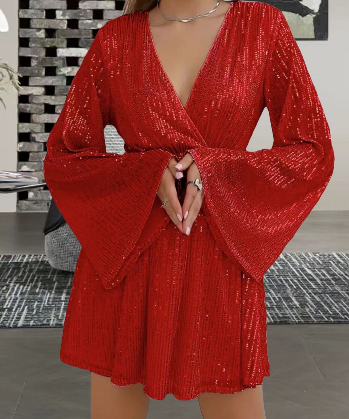 V-neck Sequin Waist Slimming Senior Party Evening Dress - iztia