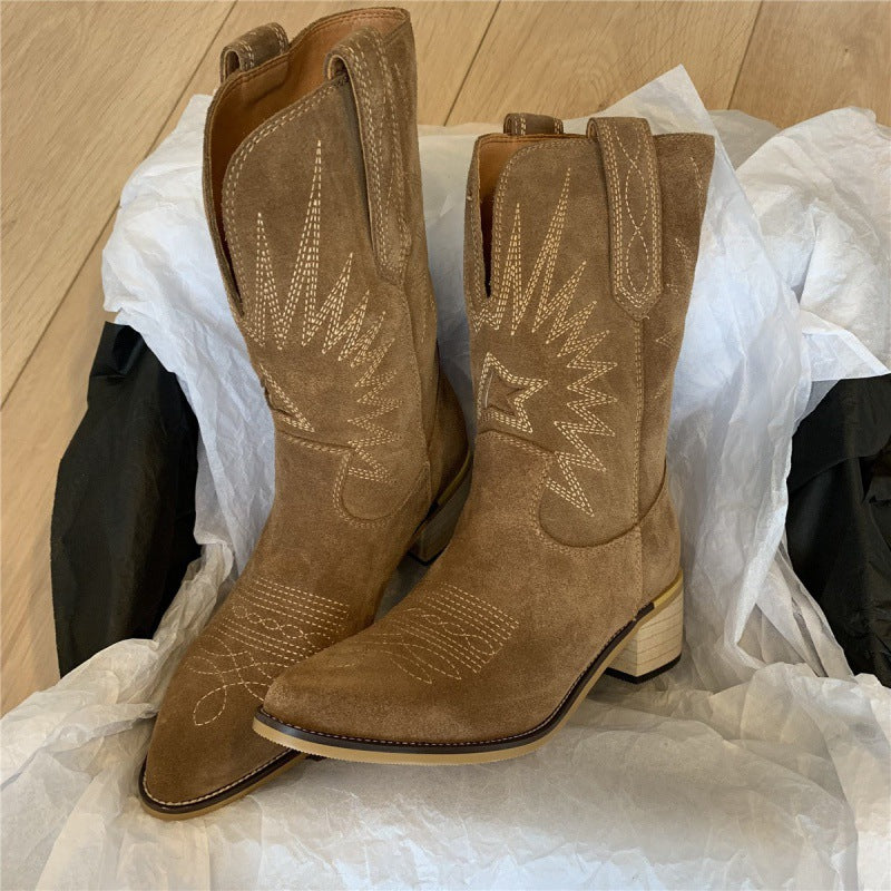 V-shaped Mid-calf Pointed Slip-on Suede Fashion Boots - iztia