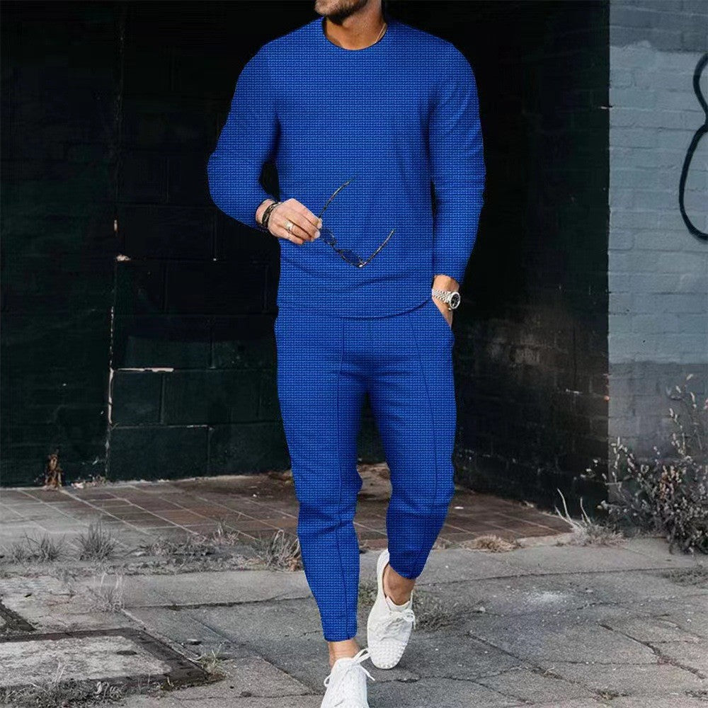 Men's Casual Waffle Long Sleeve Round Neck Suit - iztia