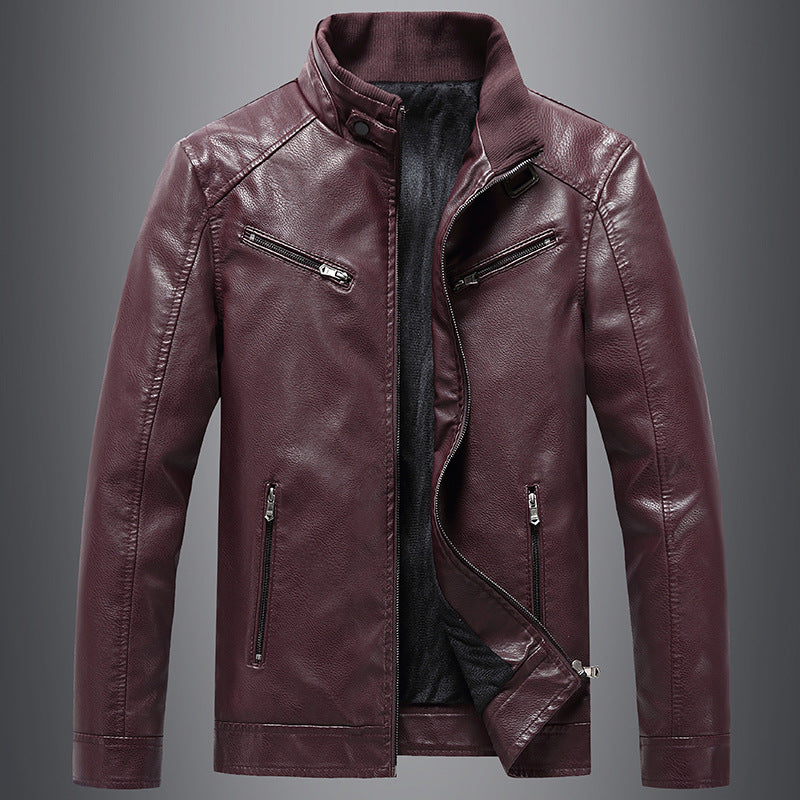 Men's Fleece Padded Coat Casual Korean-style Stand Collar PU Leather Jacket Trendy Youth - iztia