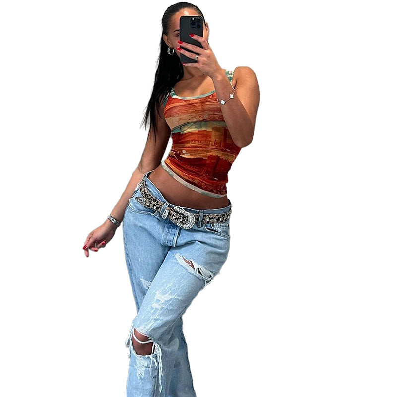 Trendy 3D Digital Printing Pullover Women's Short Top - iztia