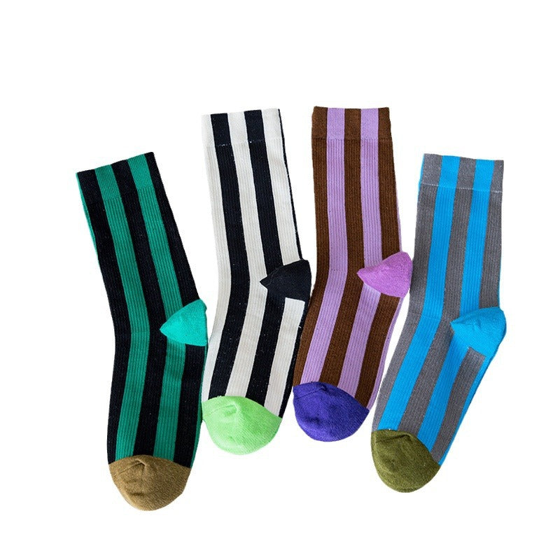 Contrast Color Vertical Stripes Cotton Color-matching Sports Bunching Socks - iztia