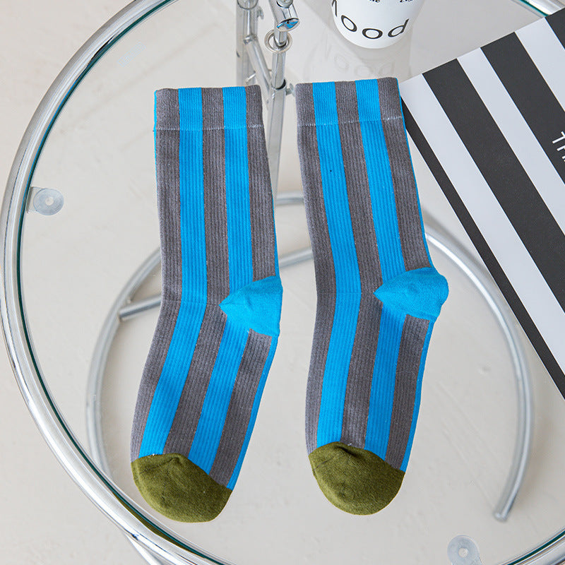 Contrast Color Vertical Stripes Cotton Color-matching Sports Bunching Socks - iztia