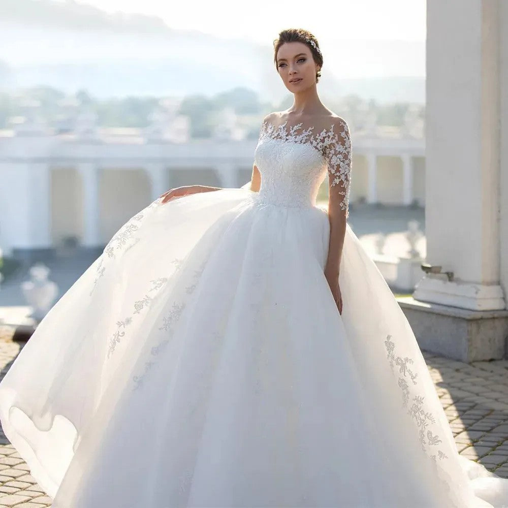 Bridal Mesh Long Sleeve Embroidered Wedding Dress - iztia