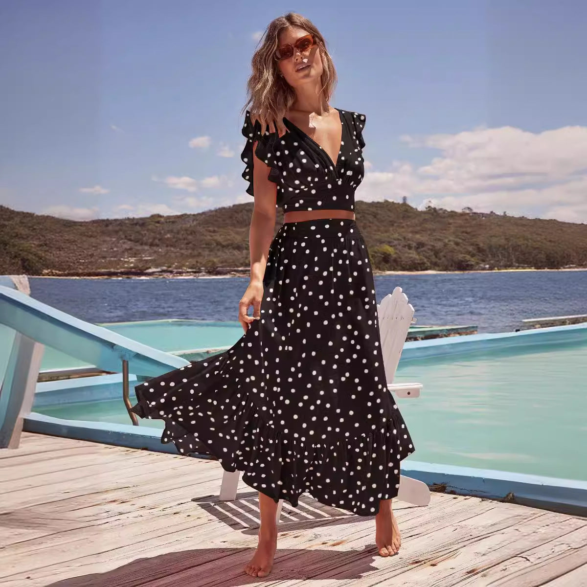 Women's Bohemian V-collar Polka Dot Printed Skirt Suit - iztia