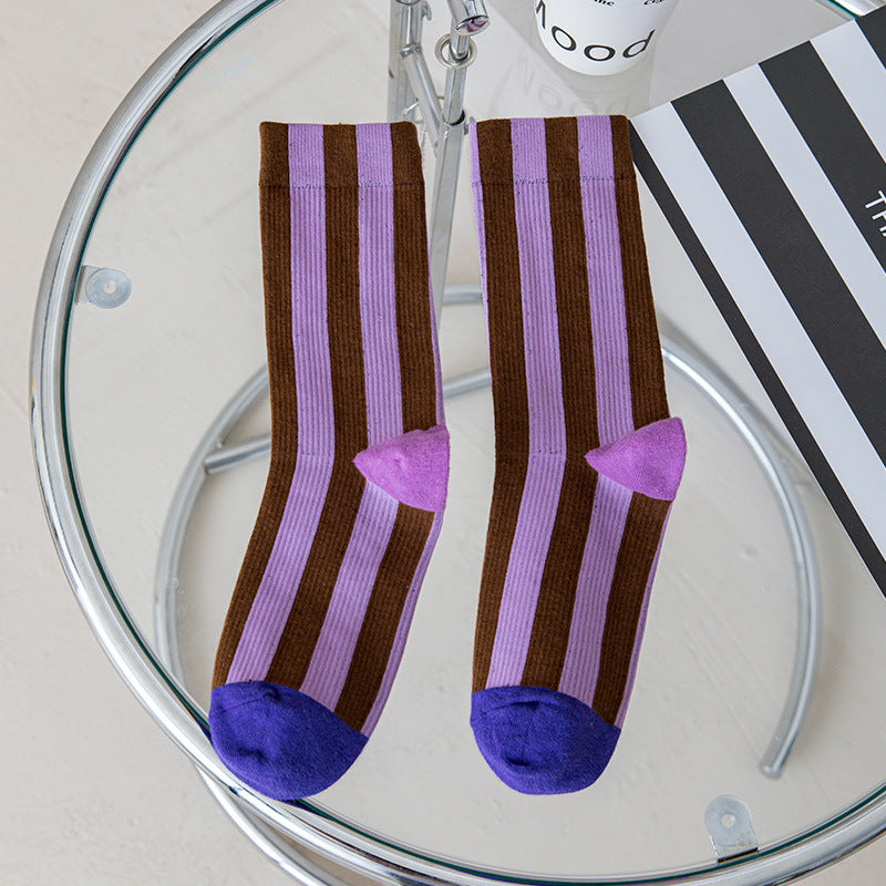 Contrast Color Vertical Stripes Cotton Color-matching Sports Bunching Socks - iztia