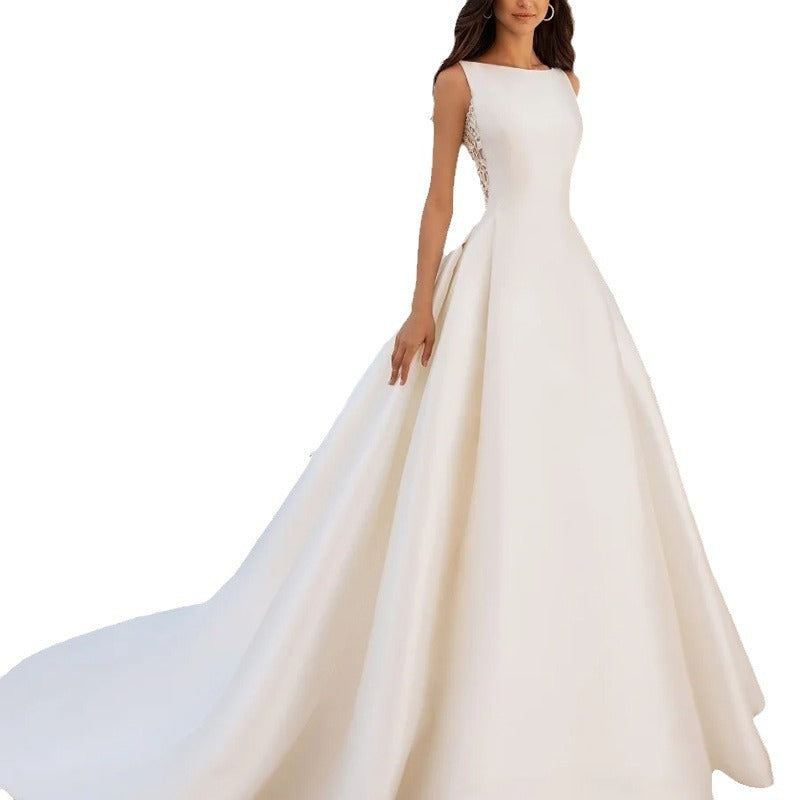 French Retro Lace Advanced Texture Satin Slim Bridal Simple Elegant Trailing Wedding Dress - iztia