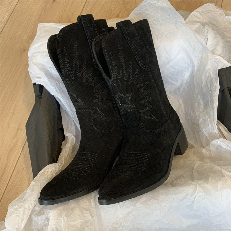 V-shaped Mid-calf Pointed Slip-on Suede Fashion Boots - iztia