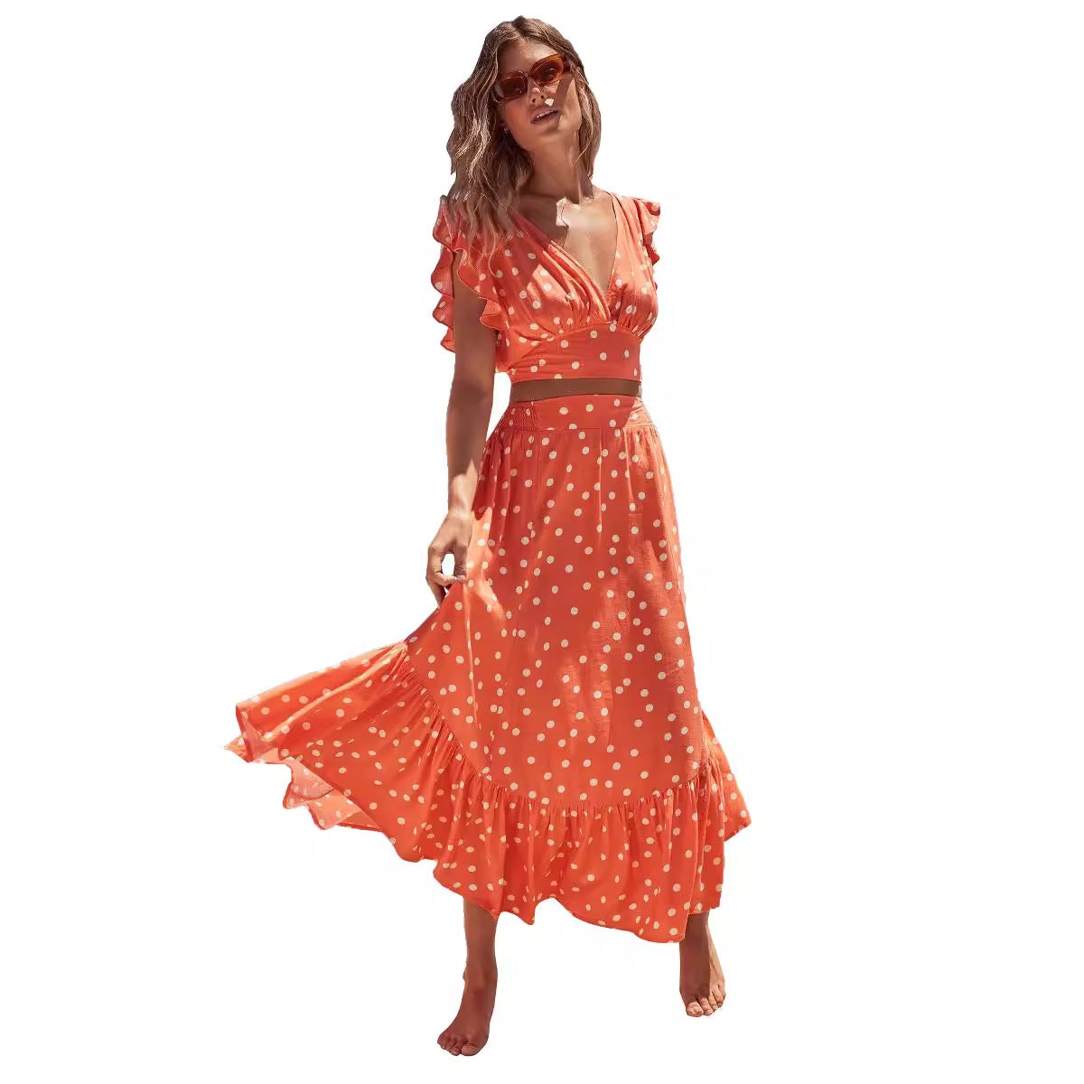 Women's Bohemian V-collar Polka Dot Printed Skirt Suit - iztia
