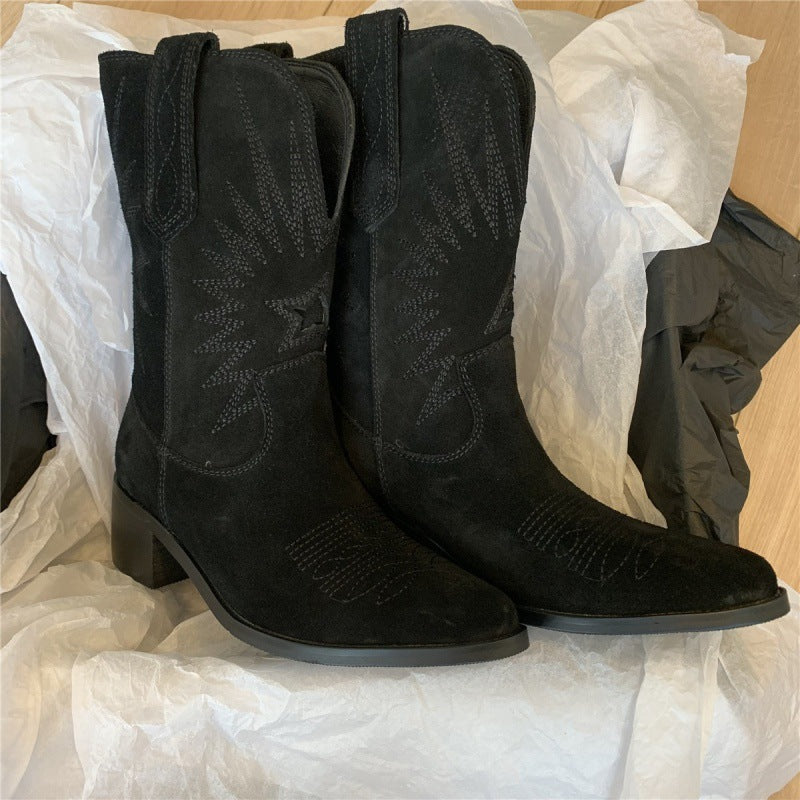 V-shaped Mid-calf Pointed Slip-on Suede Fashion Boots - iztia