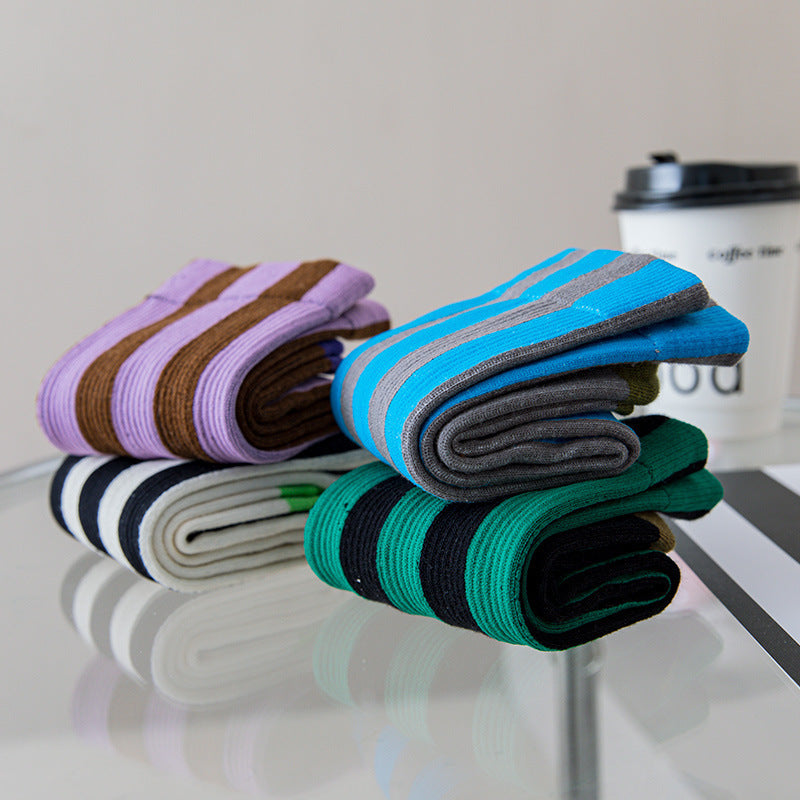 Contrast Color Vertical Stripes Cotton Color-matching Sports Bunching Socks - iztia