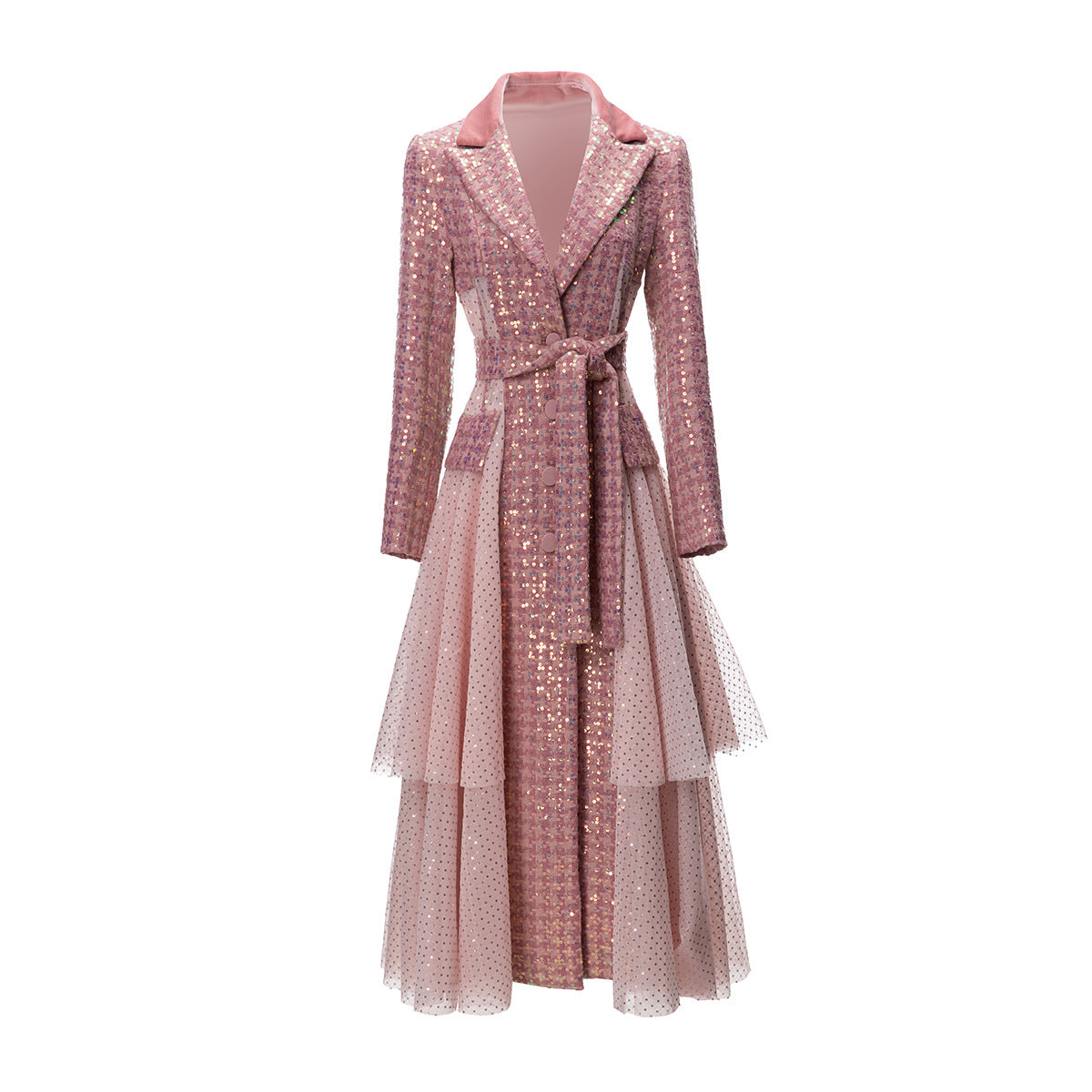 Houndstooth Stitching Sequins Tulle Skirt Style Coat Overcoat - iztia