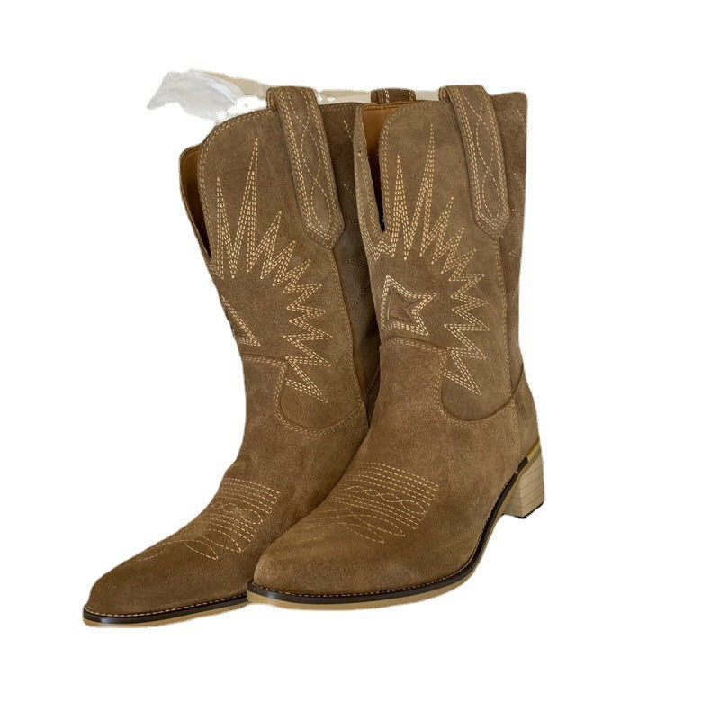 V-shaped Mid-calf Pointed Slip-on Suede Fashion Boots - iztia
