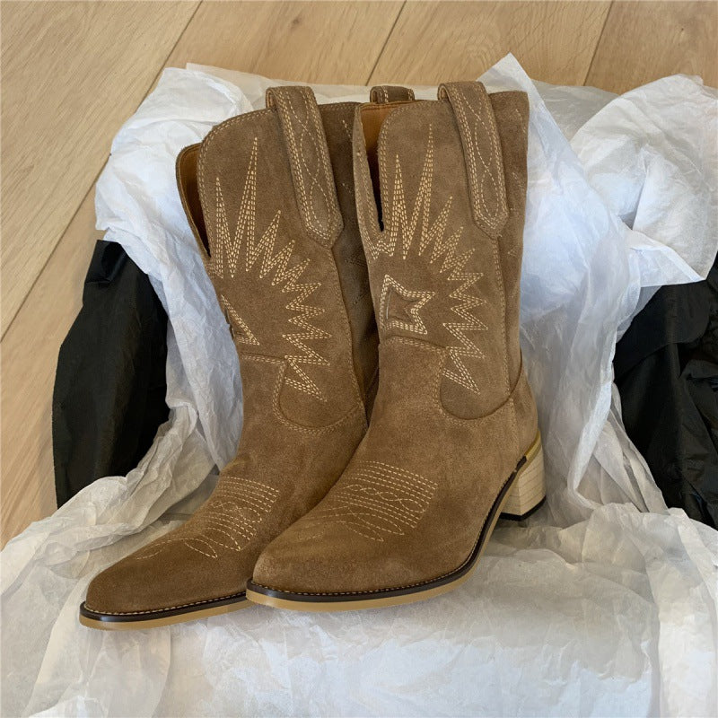 V-shaped Mid-calf Pointed Slip-on Suede Fashion Boots - iztia