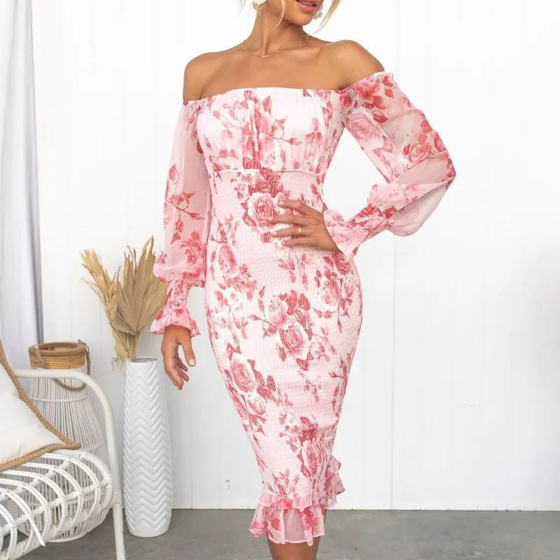 Women's Fashion Printed Tube Top Off-neck Dress - iztia
