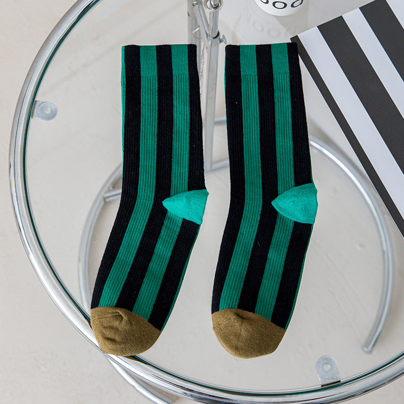 Contrast Color Vertical Stripes Cotton Color-matching Sports Bunching Socks - iztia