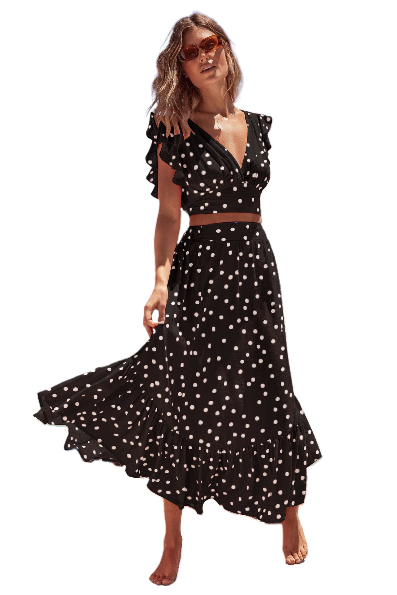 Women's Bohemian V-collar Polka Dot Printed Skirt Suit - iztia