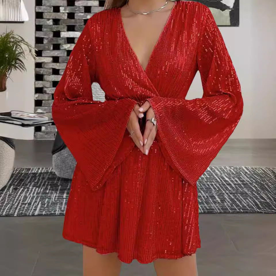 V-neck Sequin Waist Slimming Senior Party Evening Dress - iztia