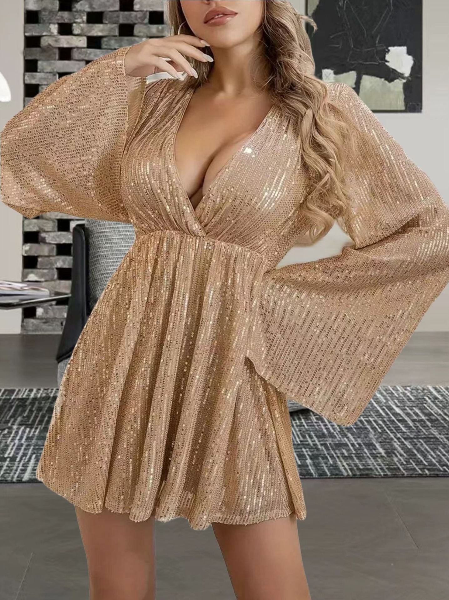 V-neck Sequin Waist Slimming Senior Party Evening Dress - iztia