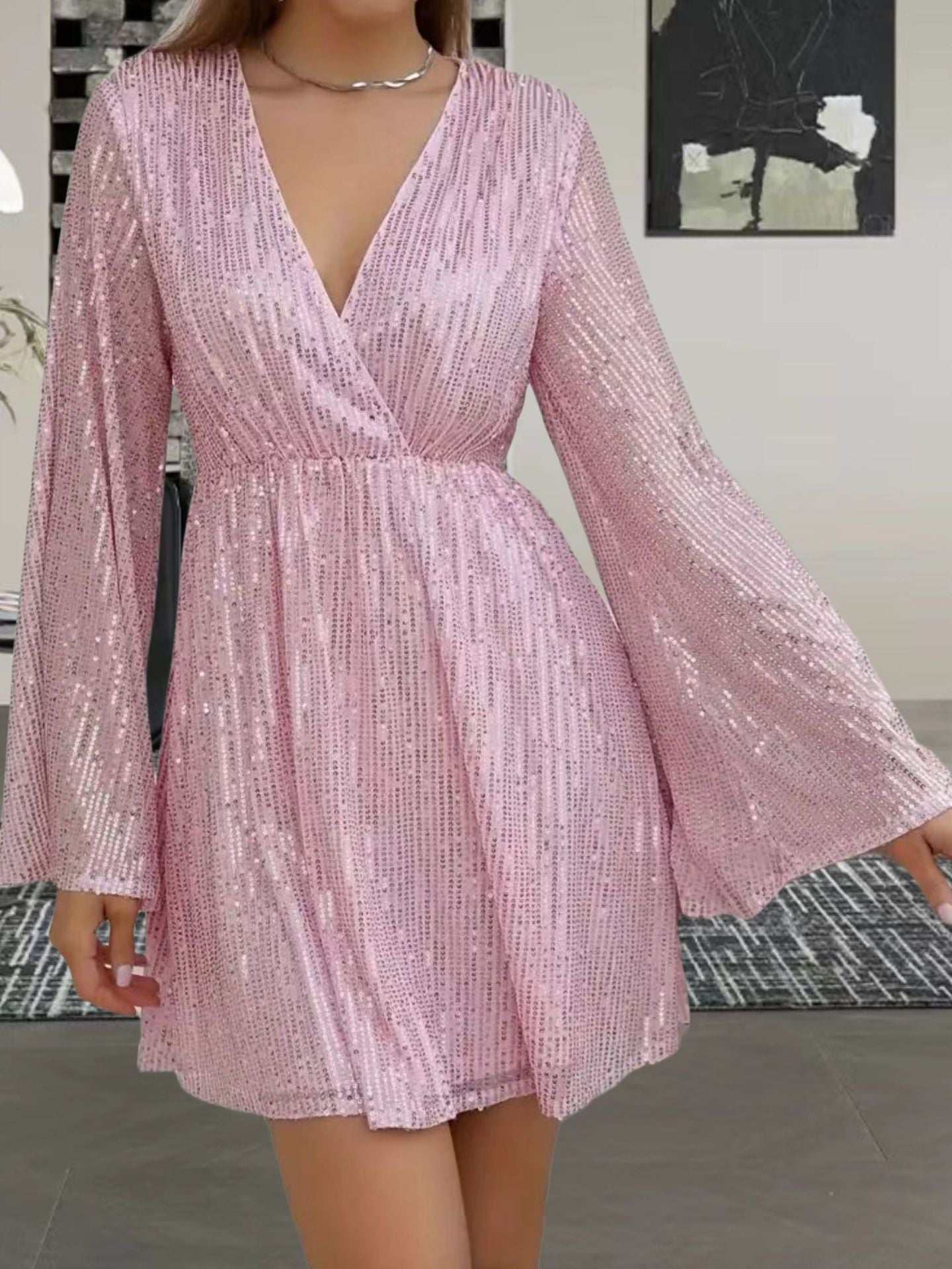 V-neck Sequin Waist Slimming Senior Party Evening Dress - iztia