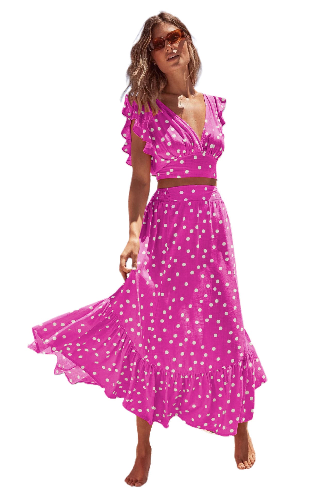 Women's Bohemian V-collar Polka Dot Printed Skirt Suit - iztia