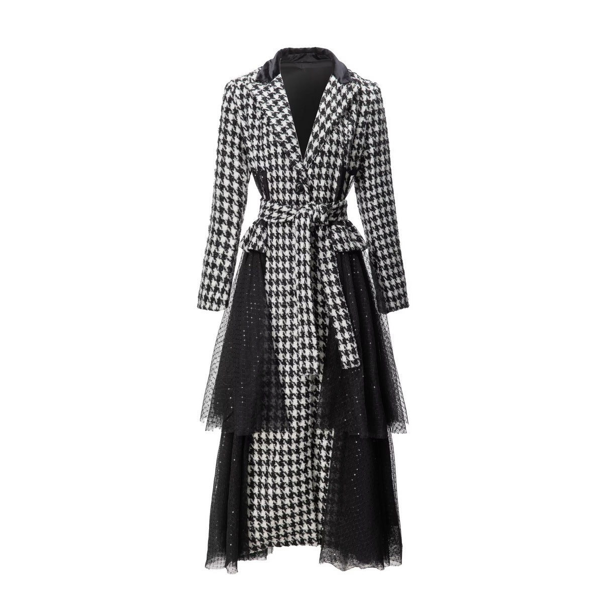 Houndstooth Stitching Sequins Tulle Skirt Style Coat Overcoat - iztia
