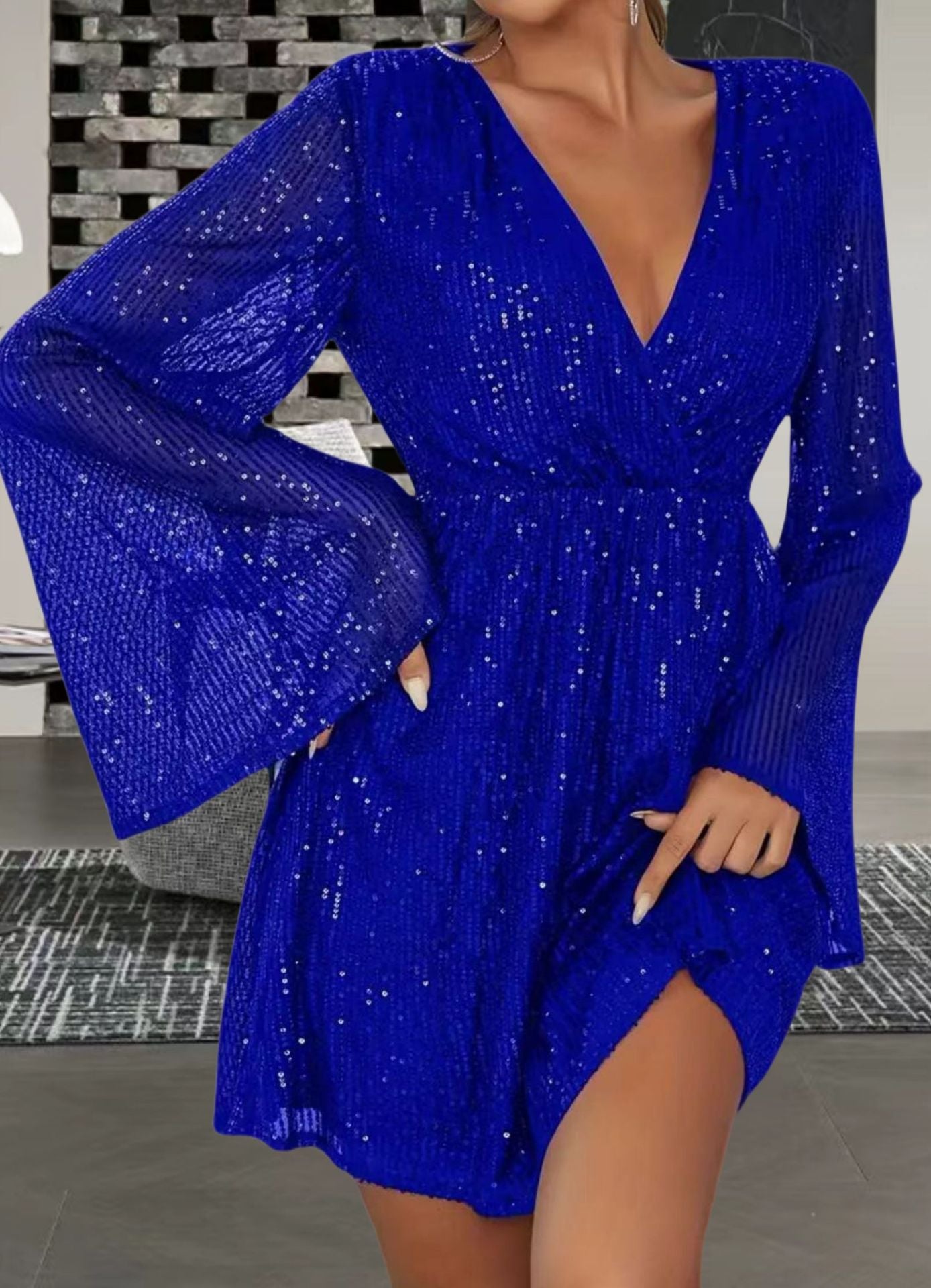 V-neck Sequin Waist Slimming Senior Party Evening Dress - iztia