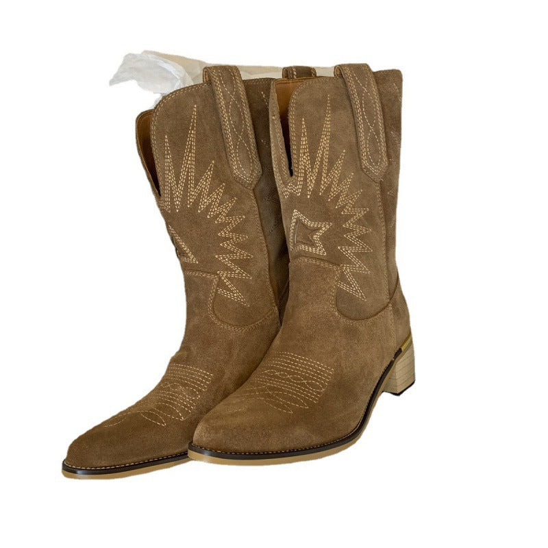V-shaped Mid-calf Pointed Slip-on Suede Fashion Boots - iztia