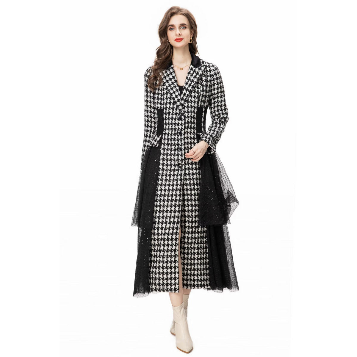 Houndstooth Stitching Sequins Tulle Skirt Style Coat Overcoat - iztia