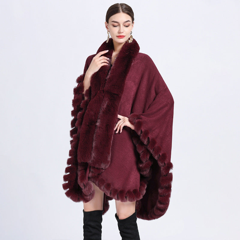 Rex Rabbit Fur Collar Shawl Irregular Oversized Knitted Cardigan Baggy Coat - iztia
